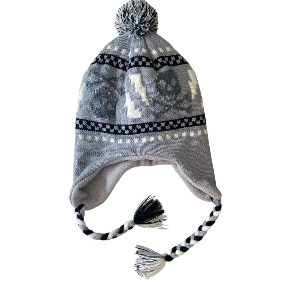 WINTER POMPOM HAT Fleece Lined Skull & Bone Grey White Black Braided Tassels